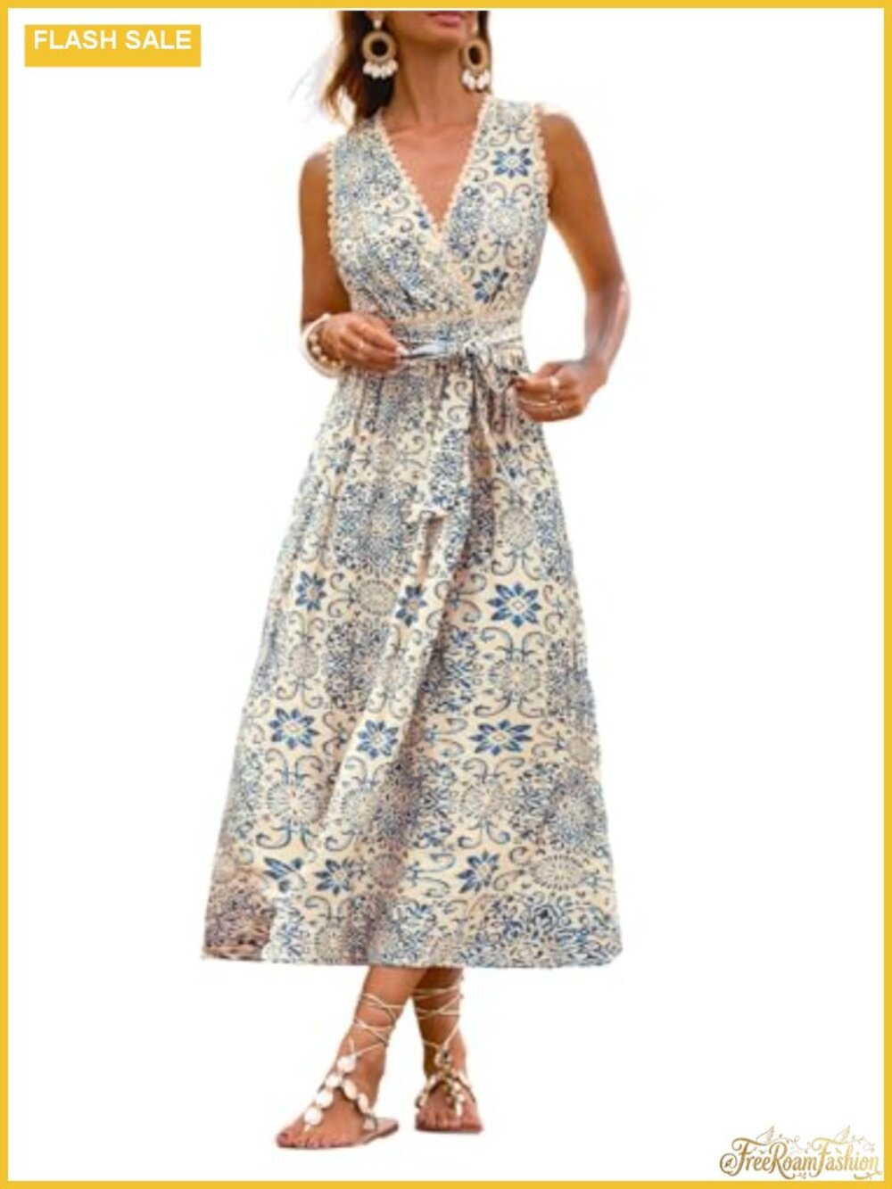 CUPSHE Women's Paisley Floral Lace Trim Wrap V-Neck Sleeveless Midi Dress